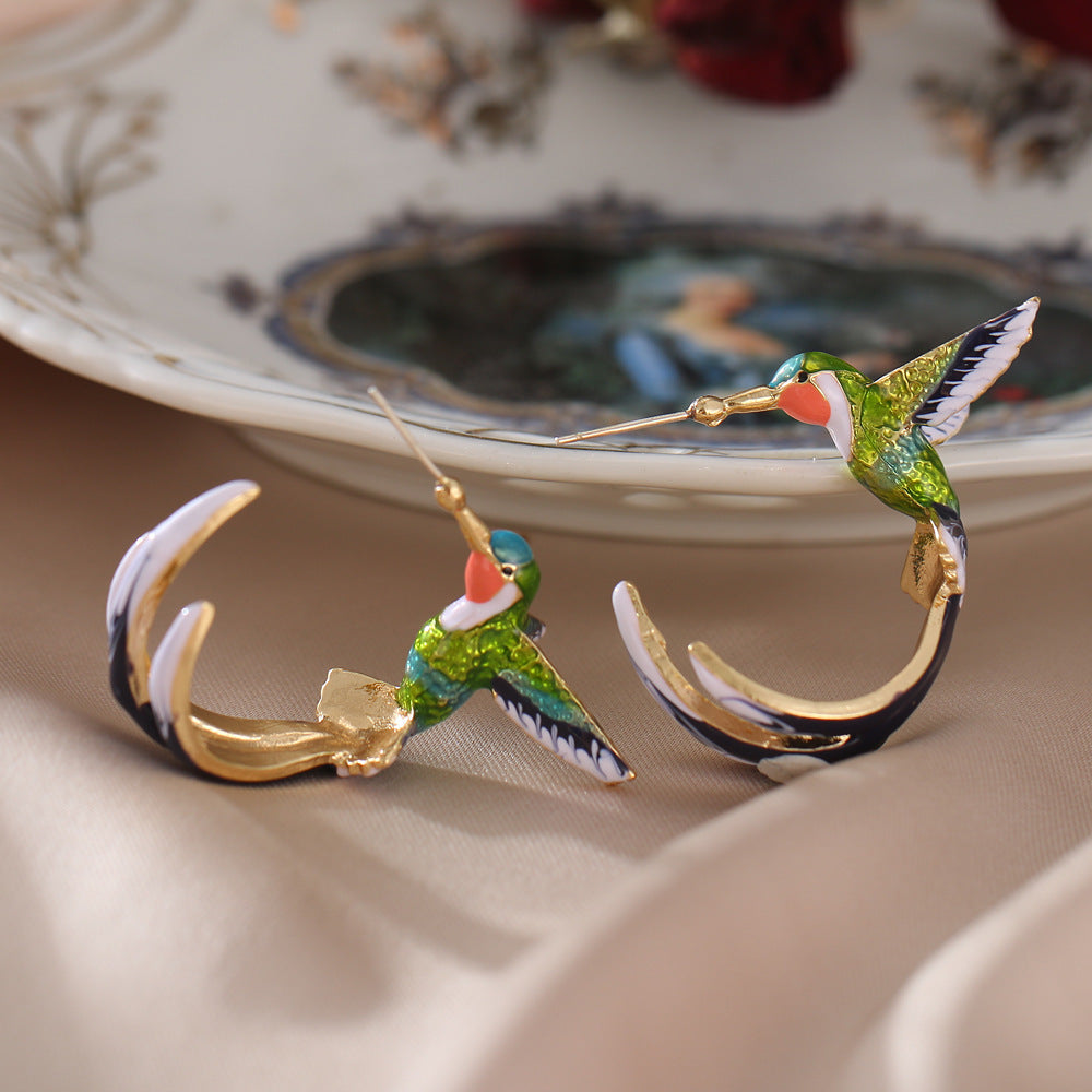 1 Pair Cute Novelty Bird Enamel Inlay Imitation Pearl Copper Zircon Earrings