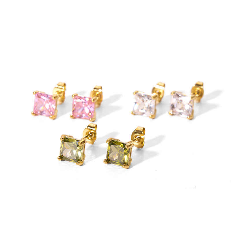 1 Pair Elegant 18K Gold Plated Square Zircon Stainless Steel Stud Earrings