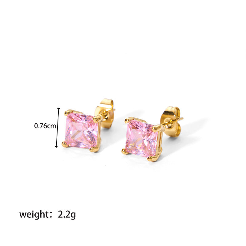 1 Pair Elegant 18K Gold Plated Square Zircon Stainless Steel Stud Earrings