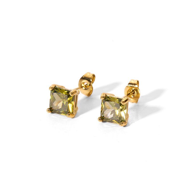 1 Pair Elegant 18K Gold Plated Square Zircon Stainless Steel Stud Earrings