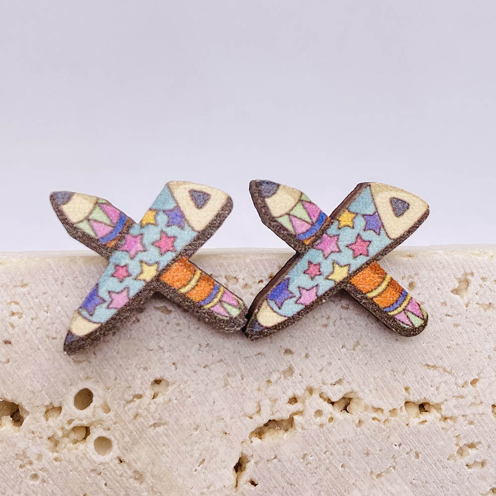 1 Pair Fashion Scissors and Pencil Wood Women's Ear Studs - Back to School Teacher's Collection