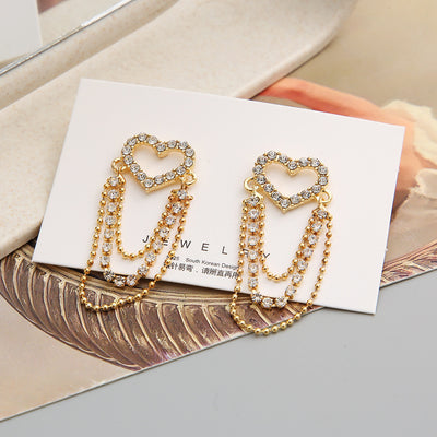 1 Pair Lady Heart Shape Tassel Inlay Artificial Pearl Alloy Rhinestones Drop Earrings
