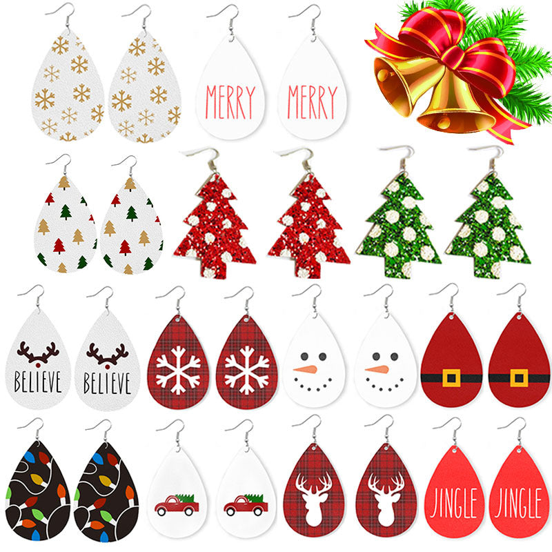 1 Pair Classic Christmas Tree Snowflake PU Leather Drop Earrings