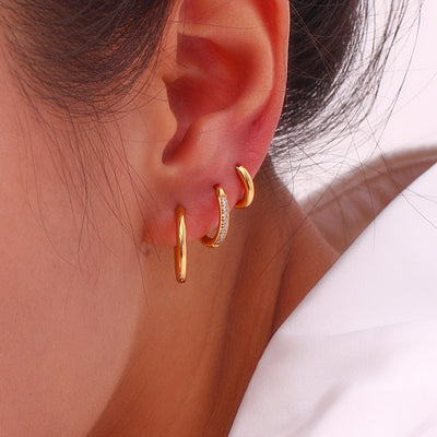 1 Pair Minimalist Round 18K Gold Plated Stainless Steel Zircon Hoop Earrings