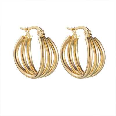 1 Pair Minimalist 18K Gold Plated Stainless Steel Hoop Earrings with Layered Tassel Design
