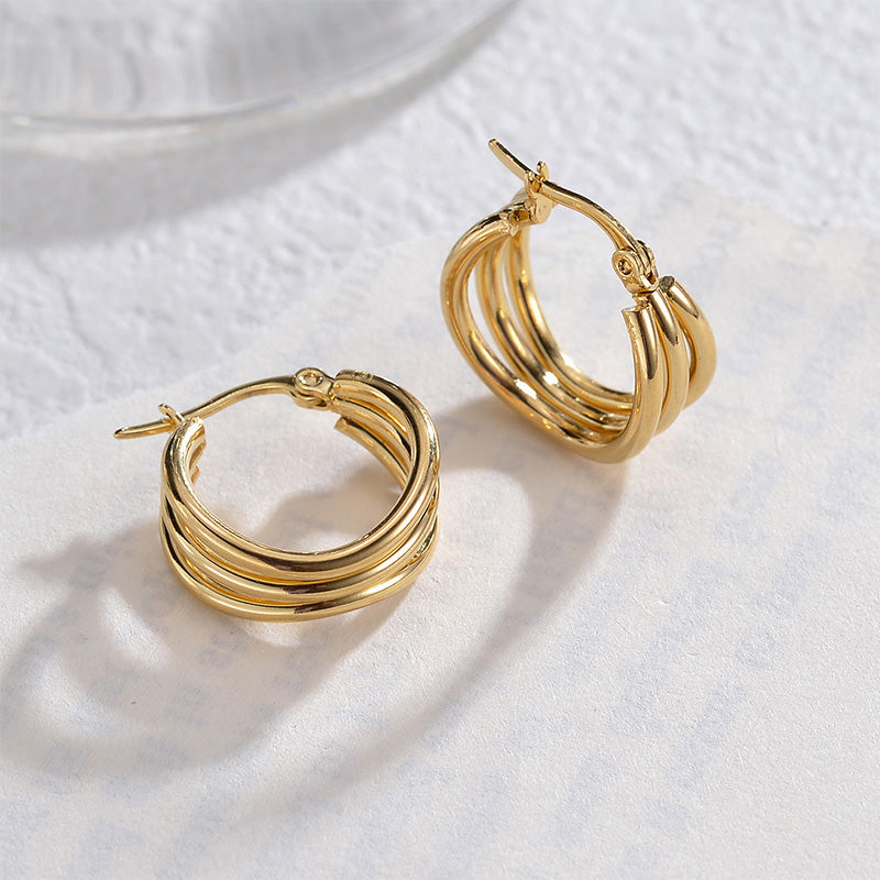 1 Pair Minimalist 18K Gold Plated Stainless Steel Hoop Earrings with Layered Tassel Design