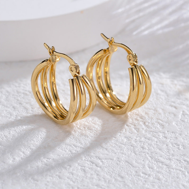 1 Pair Minimalist 18K Gold Plated Stainless Steel Hoop Earrings with Layered Tassel Design