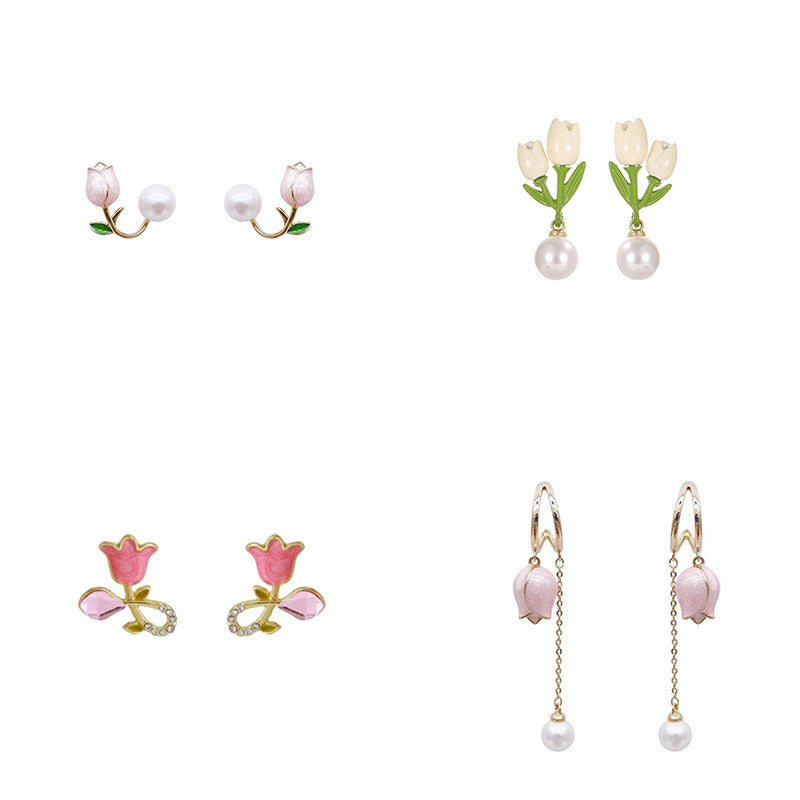 Sweet Korean Style Tulip Flower Pearl Earrings with 925 Silver Needle