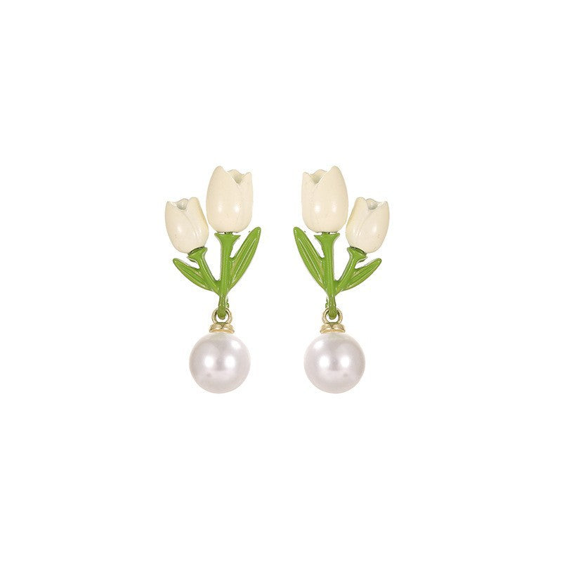 Sweet Korean Style Tulip Flower Pearl Earrings with 925 Silver Needle