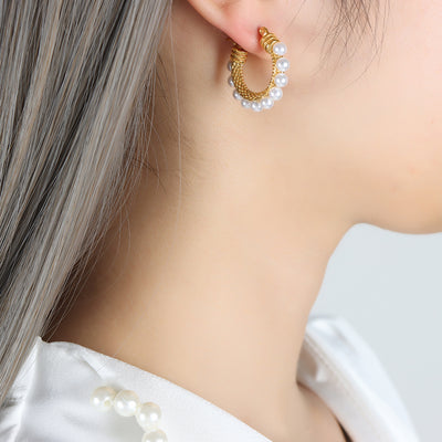 Vintage C Shape 18K Gold Plated Pearl Earrings
