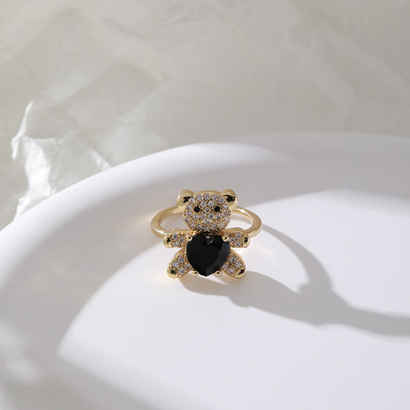 1 Piece Fashion Heart Bear Copper Plated Zircon Adjustable Open Ring