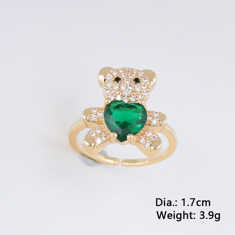 1 Piece Fashion Heart Bear Copper Plated Zircon Adjustable Open Ring