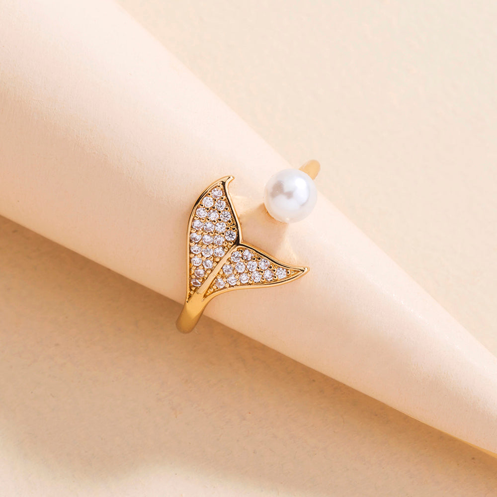 Fashion Zircon Open Ring with Artificial Pearls and Fish Tail Design