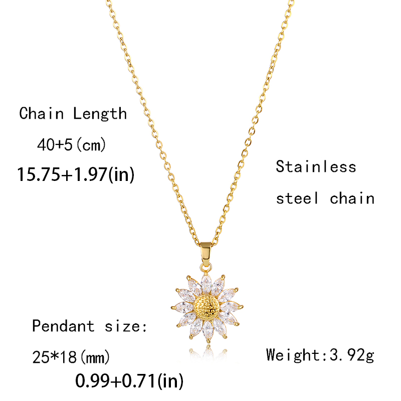 Fashion Sunflower Zircon Pendant Necklace - 18k Gold Plated Stainless Steel