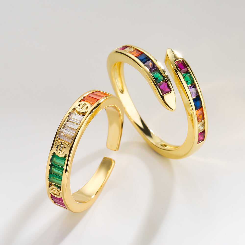 1 Piece Geometric 18k Gold Plated Copper Ring with Colorful Zircon