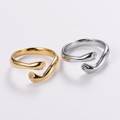 Fashion Hand Embrace Zircon Open Ring - Stainless Steel Bow Knot Design