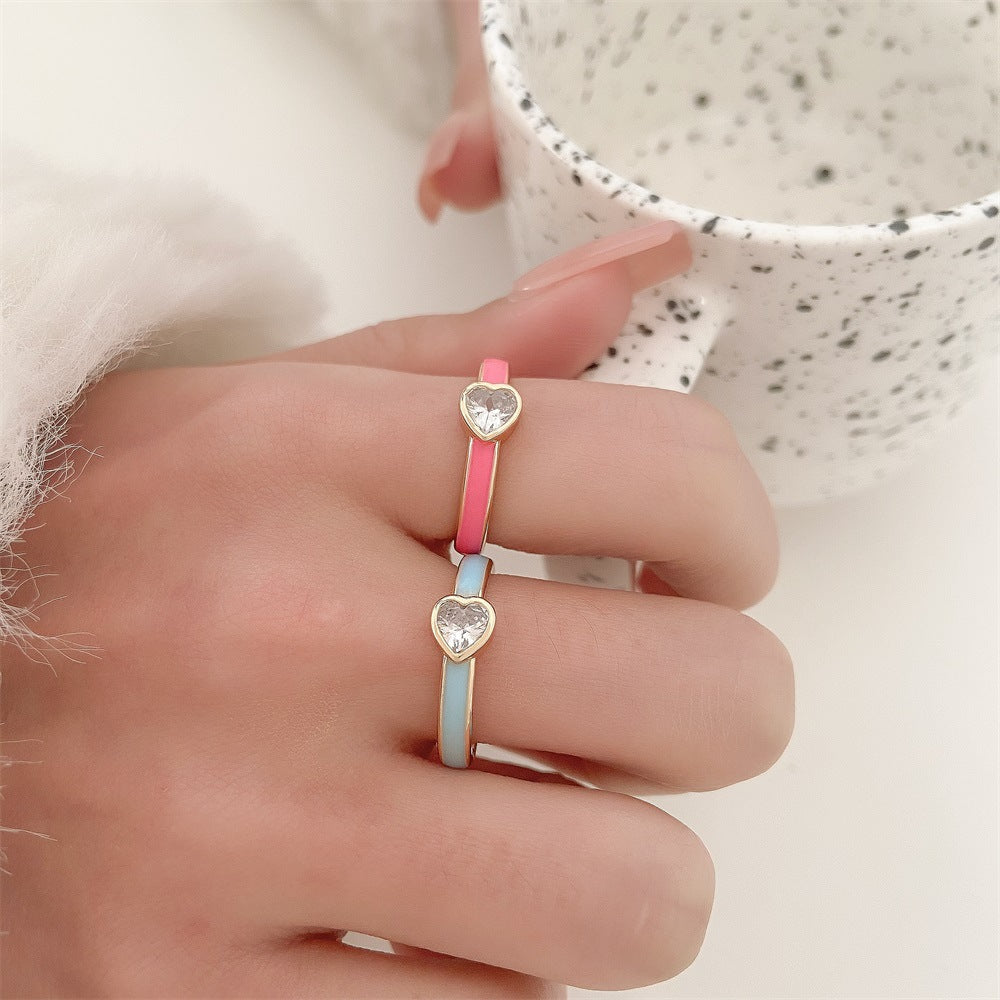 Fashion Heart Shape Colorful Enamel Open Ring with Rhinestones