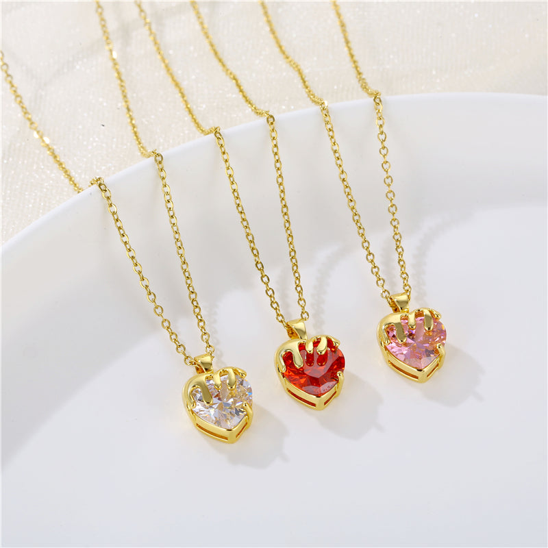 Fashion Heart Shape Zircon Crystal Pendant Necklace - Stainless Steel and Brass Plating