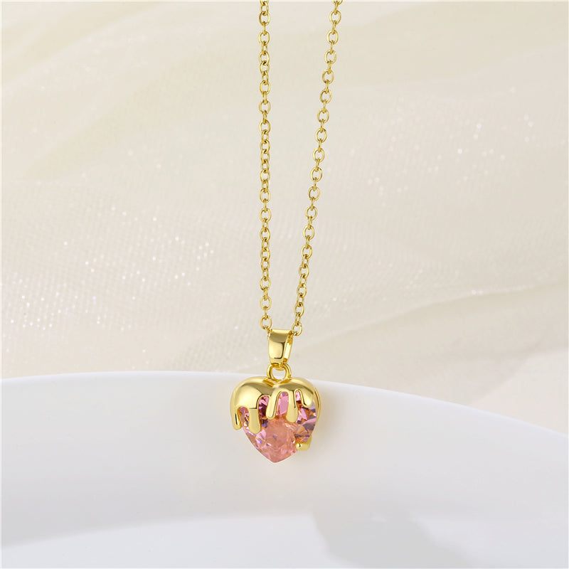 Fashion Heart Shape Zircon Crystal Pendant Necklace - Stainless Steel and Brass Plating