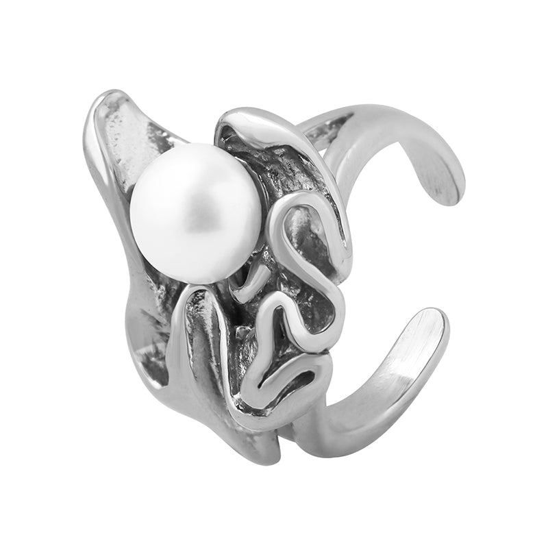 Fashion Irregular Freshwater Pearl Titanium Steel Gold Plated Ring