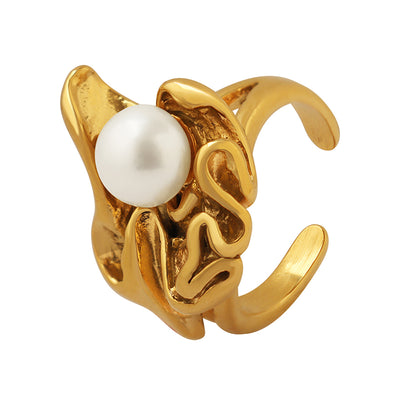 Fashion Irregular Freshwater Pearl Titanium Steel Gold Plated Ring