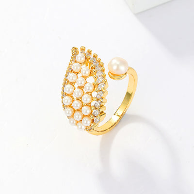 Fashion Angel Wings Zircon Pearl Open Ring in 18k Gold Plated Copper