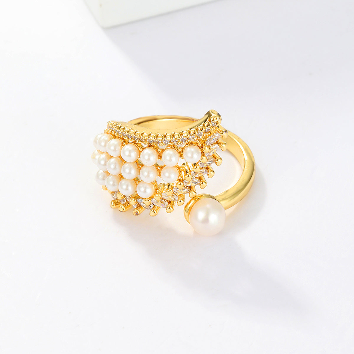 Fashion Angel Wings Zircon Pearl Open Ring in 18k Gold Plated Copper