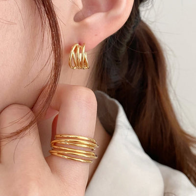 1 Piece Minimalist 18K Gold Plated Open Ring & 925 Sterling Silver Weave Hoop Earrings