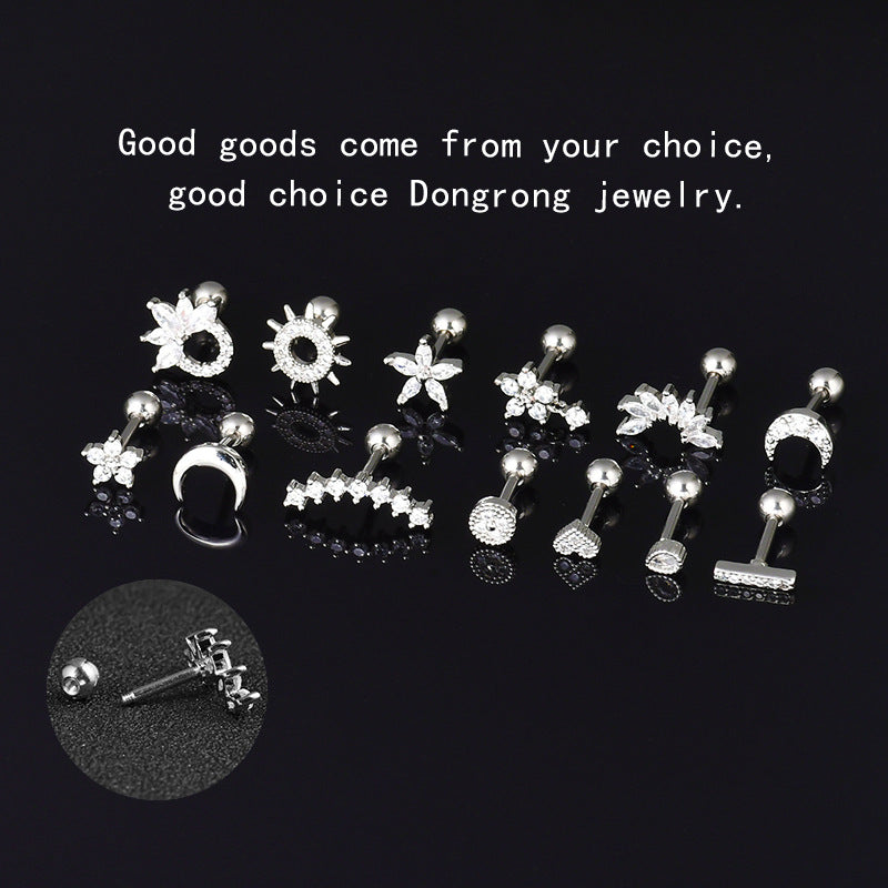 1 Piece Streetwear Moon Heart Shape Flower Stainless Steel Copper Plating Inlay Zircon Ear Studs