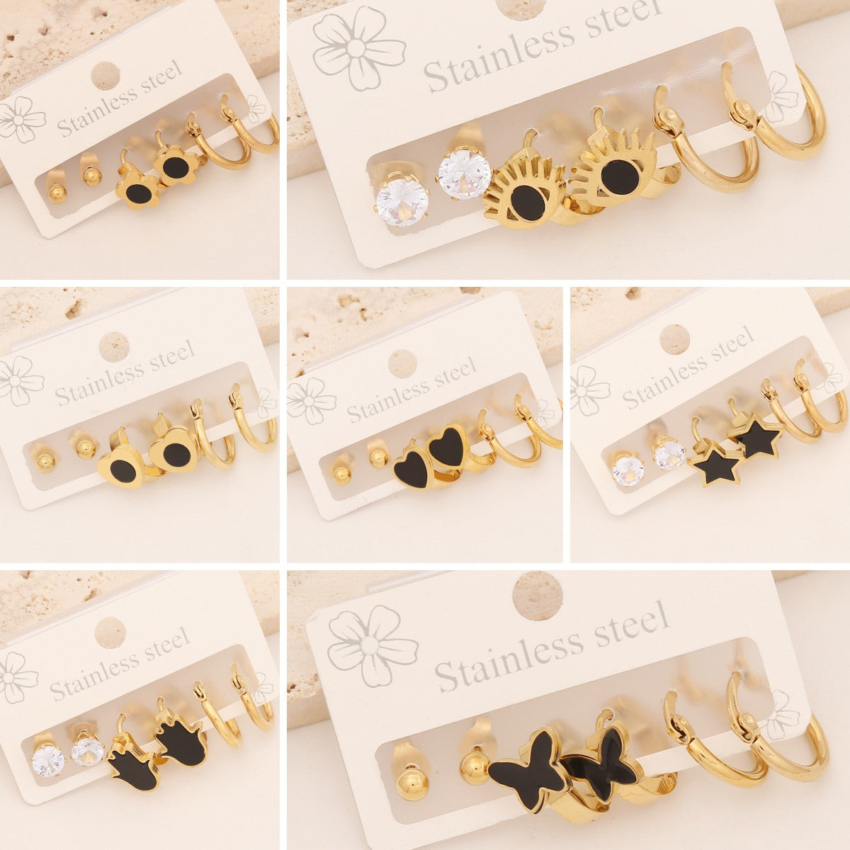 1 Set Casual Simple Pentagram and Heart Shape Stainless Steel Enamel Earrings Set