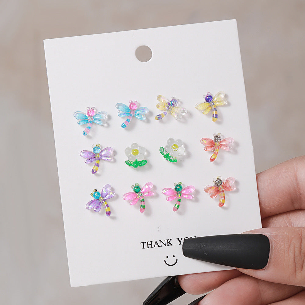 1 Set Colorful Resin Heart and Flower Stud Earrings - 6 Pairs Korean Style Jewelry for Women