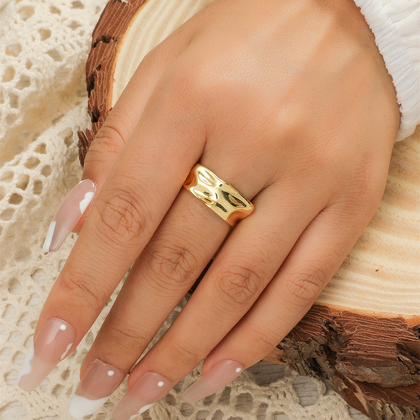 18K Gold Plated Retro Open Wide Band Ring for Women - Fashion Bump Design