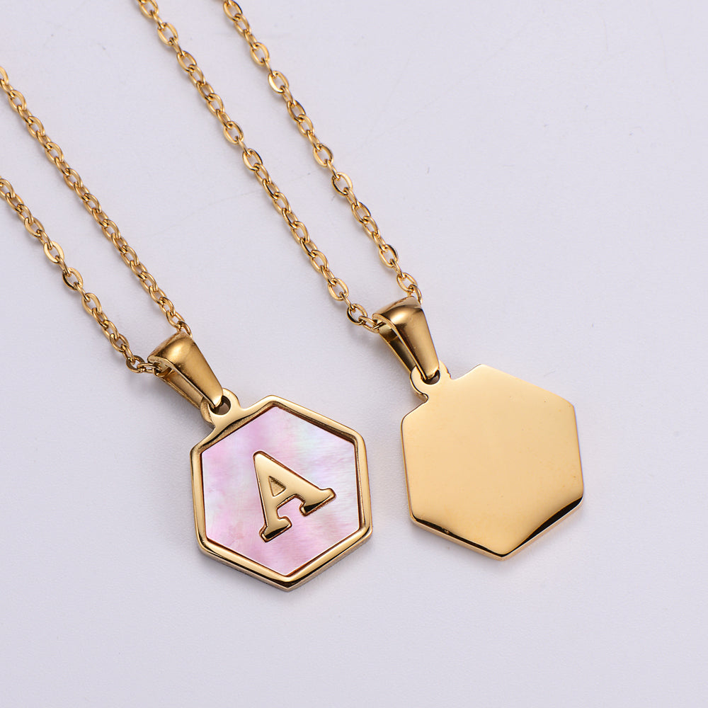 18k Gold Hexagon Pendant Necklace with Pink Shell Letter Inlay