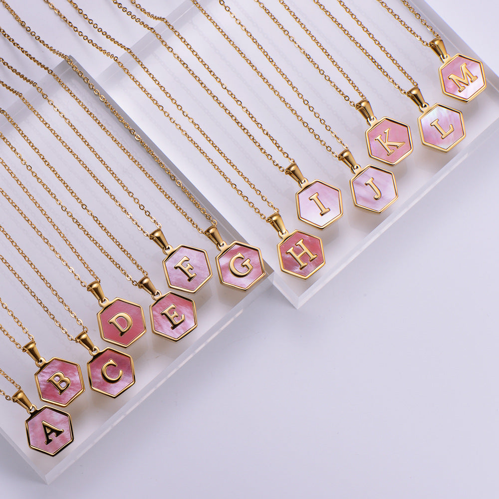 18k Gold Stainless Steel Pendant Inlaid Pink Shell Letter Necklace