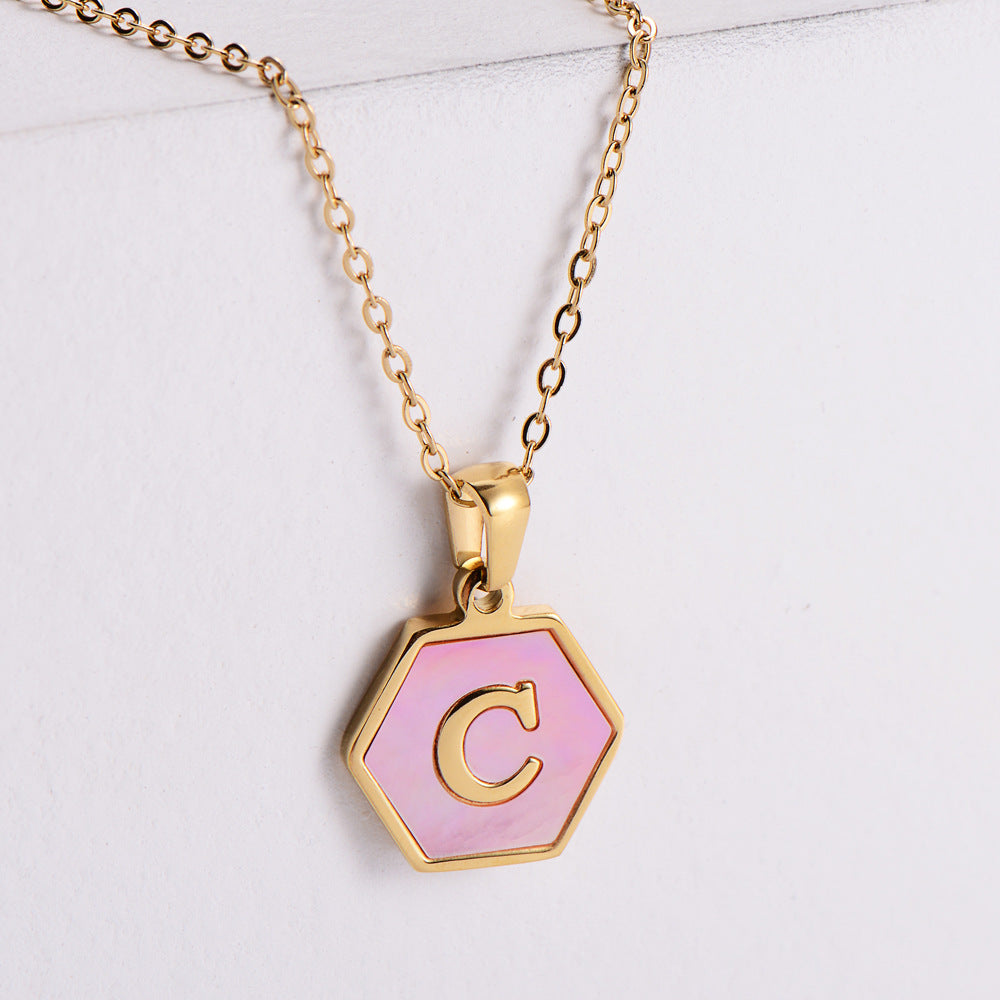 18k Gold Stainless Steel Pendant Inlaid Pink Shell Letter Necklace