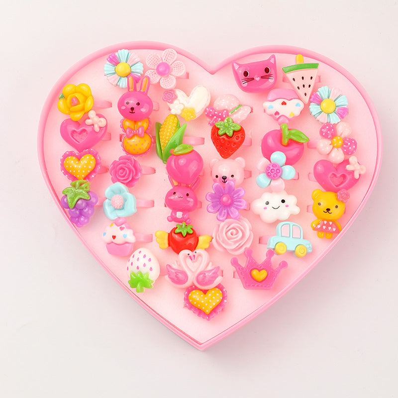 24-Piece Cartoon Resin Ring Set for Kids - Heart Box Packaging Wholesale