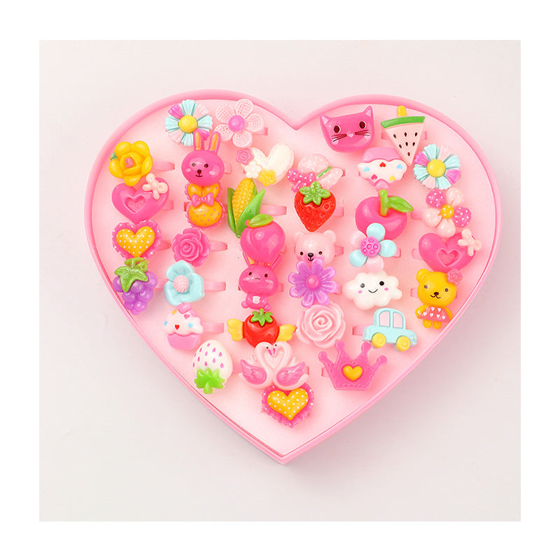 24-Piece Cartoon Resin Ring Set for Kids - Heart Box Packaging Wholesale