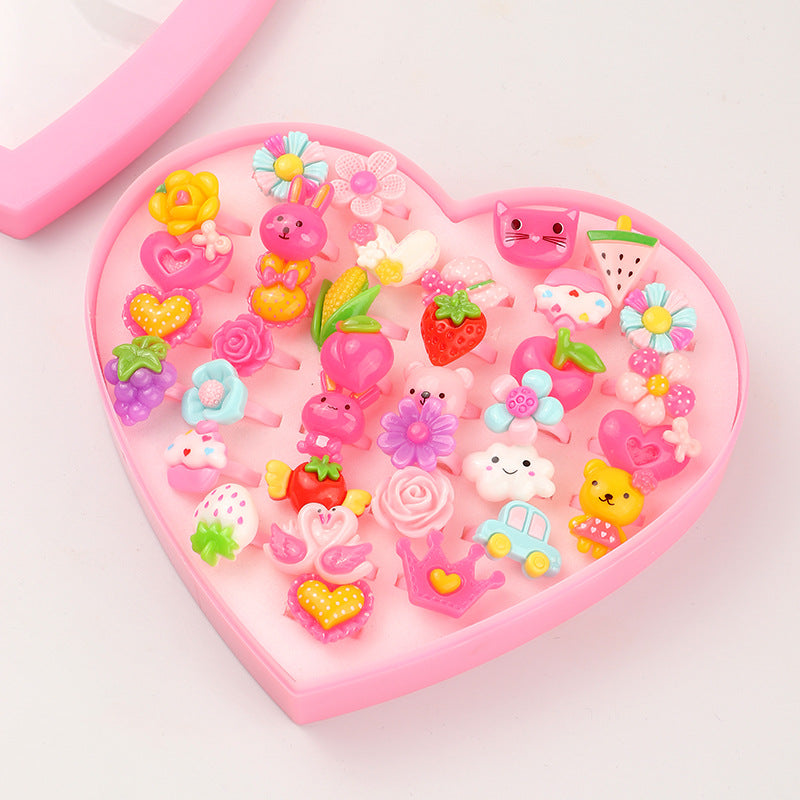 24-Piece Cartoon Resin Ring Set for Kids - Heart Box Packaging Wholesale