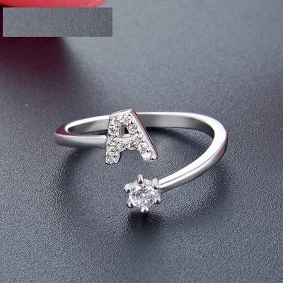 26 English Letters Zircon Sterling Silver S925 Adjustable Ring Jewelry