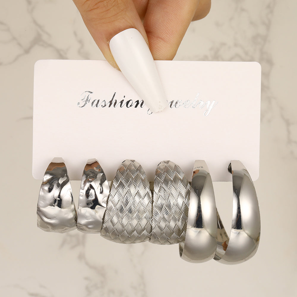 Vintage C Shape Textured Hoop Earrings Set - Gold & Silver Plated