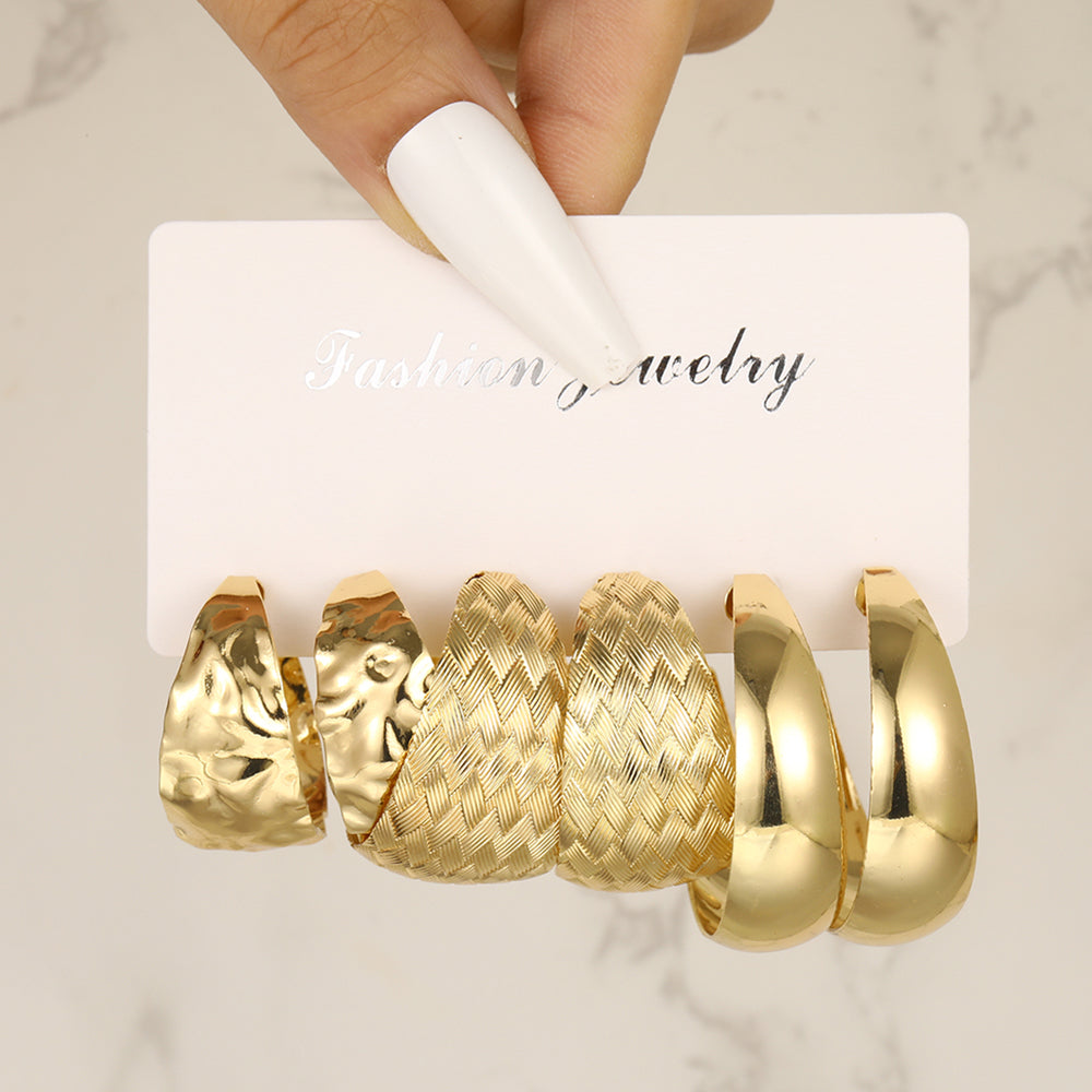 Vintage C Shape Textured Hoop Earrings Set - Gold & Silver Plated