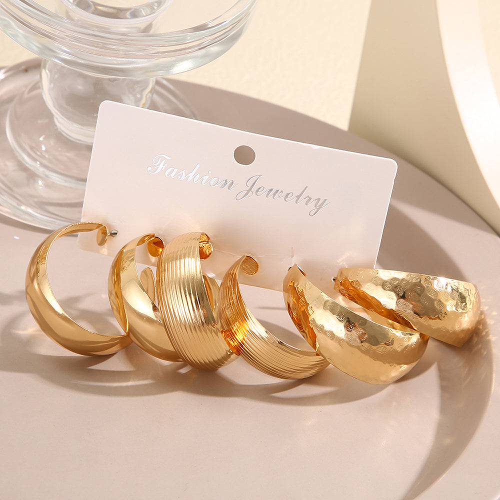 Vintage C Shape Textured Hoop Earrings Set - Gold & Silver Plated