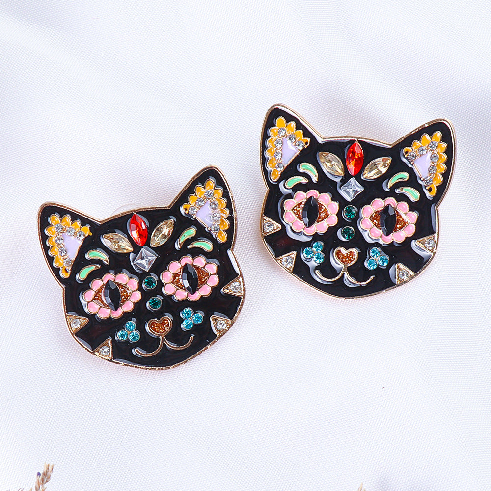 Creative Black Cat Colorful Cat Halloween Stud Earrings with Oil-Plated Diamond