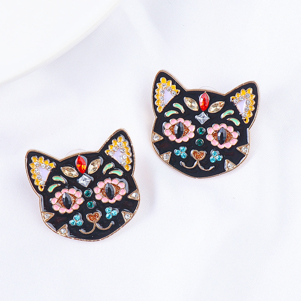 Creative Black Cat Colorful Cat Halloween Stud Earrings with Oil-Plated Diamond