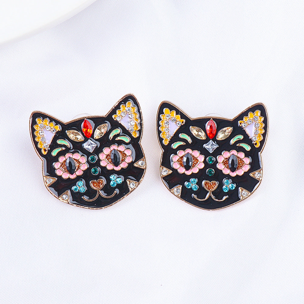 Creative Black Cat Colorful Cat Halloween Stud Earrings with Oil-Plated Diamond