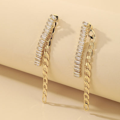 925 Silver Needle Fashion Metal Chain Zircon Tassel Earrings European And American Simple Temperament Earrings