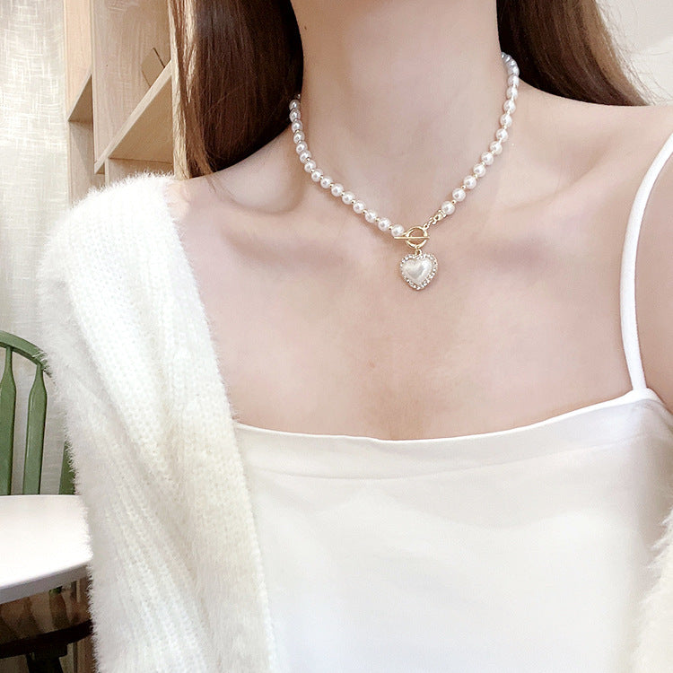 Geometric Freshwater Pearl & Heart Pendant Necklace - Women's Fashionable Clavicle Chain
