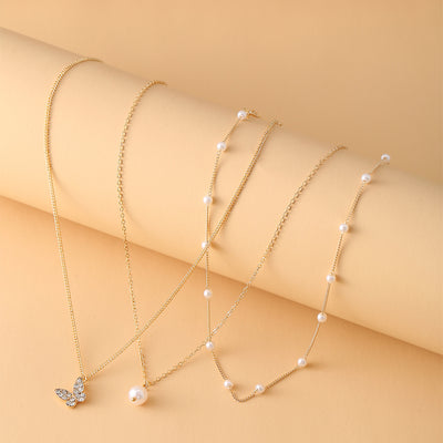 Artificial Pearl Simple Butterfly Pendant Multilayer Necklace