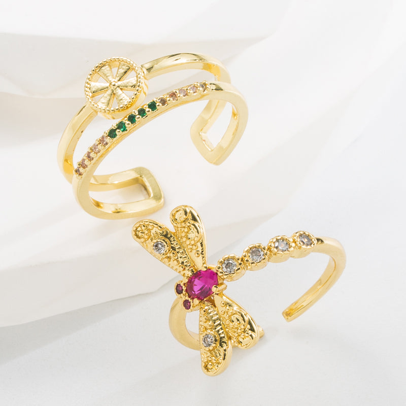 Baroque Dragonfly Zircon Adjustable Gold Plated Open Ring