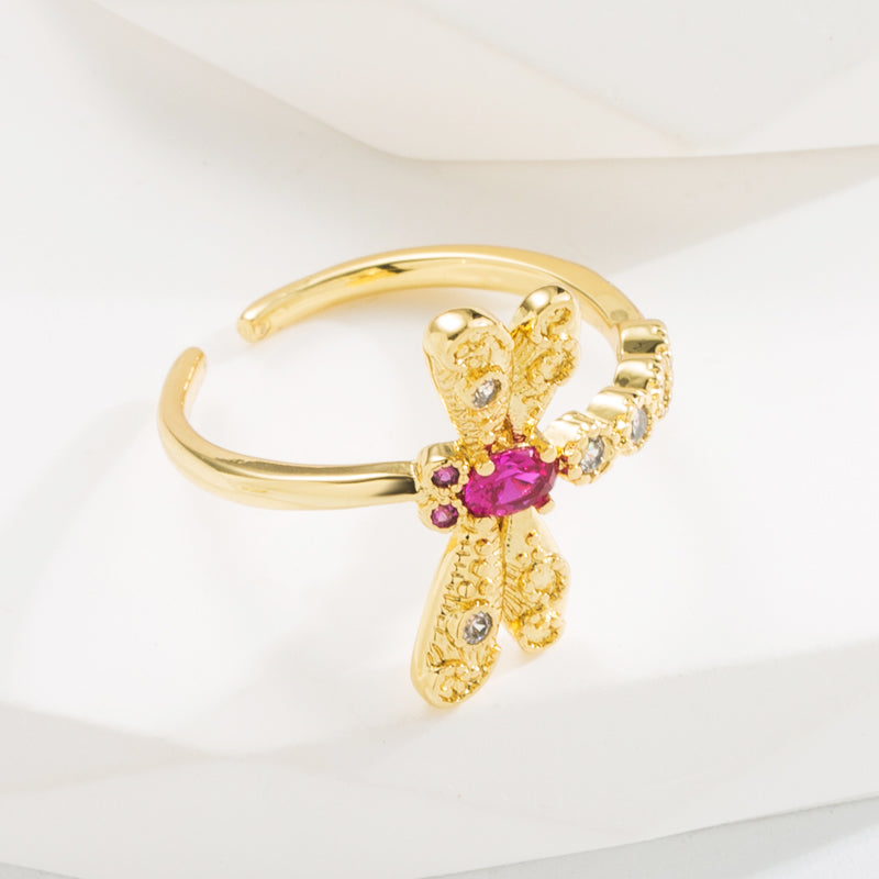 Baroque Dragonfly Zircon Adjustable Gold Plated Open Ring